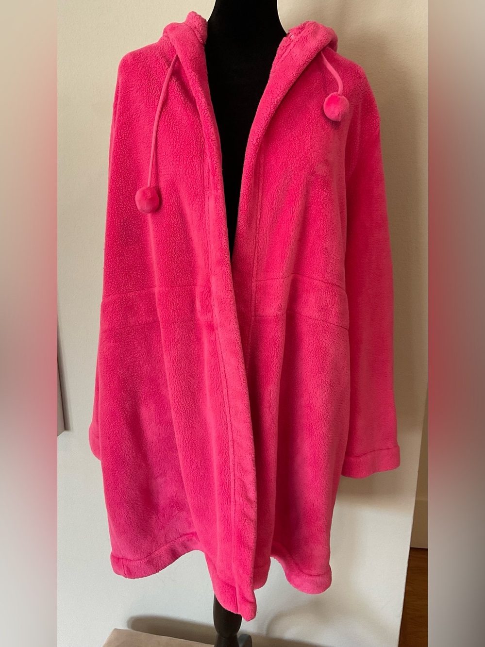 Xhilaration Hot Pink Hooded Teddy Jacket with Pom-Tie Hood, L/XL